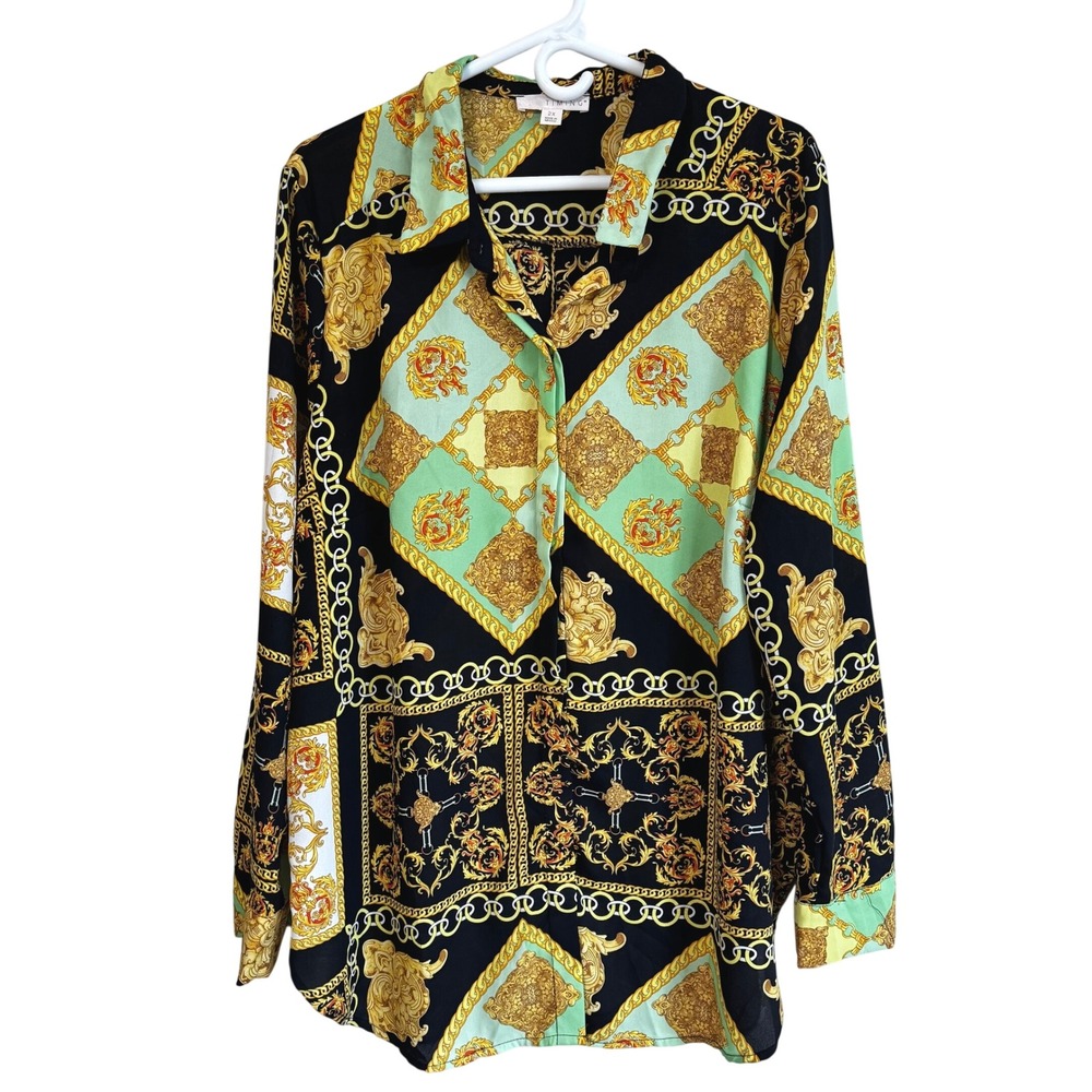 Vintage Blouse Baroque Chain Print Button Up Hollywood Glam Timing Womens 2X